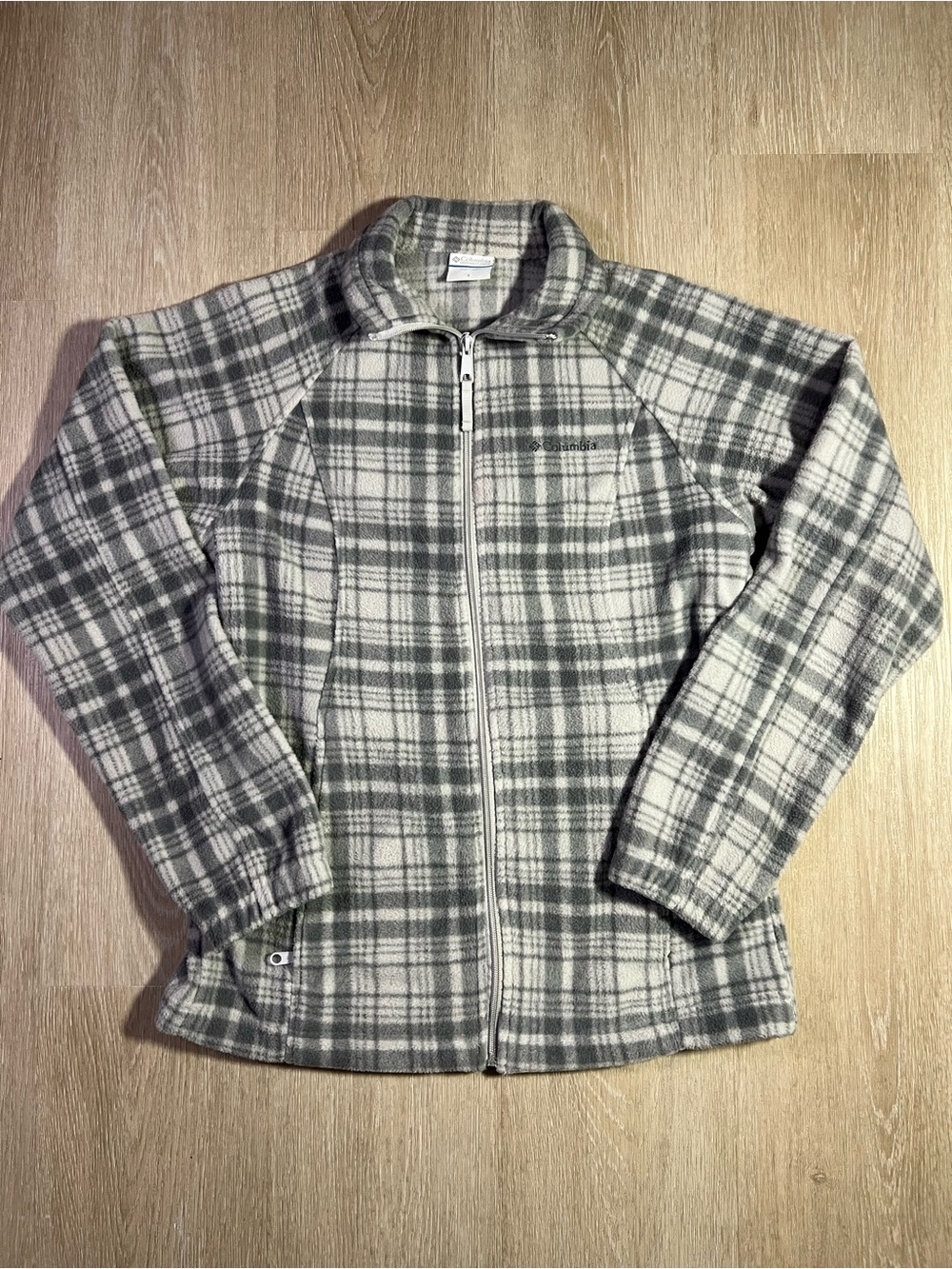 Columbia Gray & White Plaid Fleece Zip Jacket Cozy Classic Chic